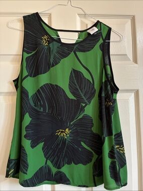 CAbi Green Floral Tank with Black Blossoms and Yellow Centers